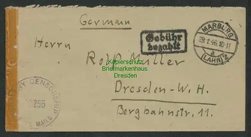 B6983 Brief Gebühr bezahlt Marburg Lahn nach Dresden 1946 Military Censorship