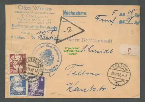 B6542 Brief DDR 1952 Potsdam Nachnahme Gerichtsvollzieher nach Teltow
