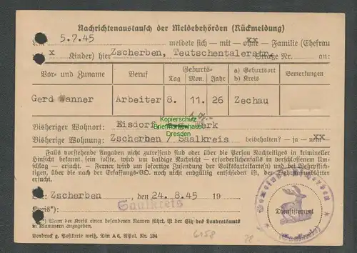 B6158 Postkarte SBZ Gebühr bezahlt 1945 Zscherben Saalkreis Meldebehörde