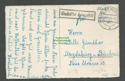 B5769 Gebühr bezahlt 1948 Postkarte Görzke nach Magdeburg Buckau