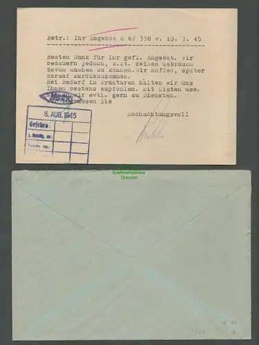 B5735 Gebühr bezahlt 1945 Brief + Karte Dahlen Sachs. Armarturen Fabrik Schmidt