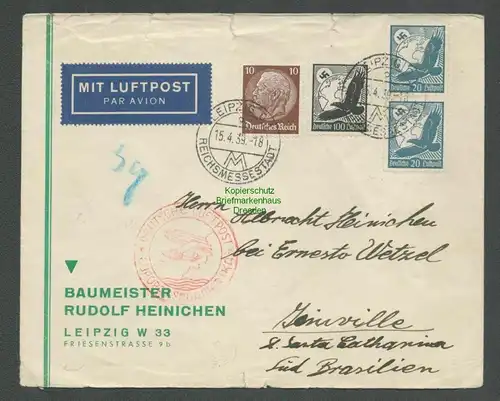 B5019 DR Zeppelin Brief Leipzig 1939 nach Südamerika roter Bestätigungsstempel