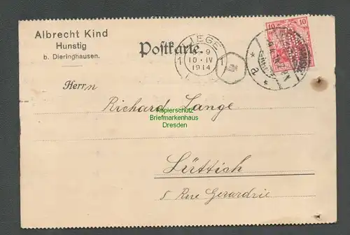B4943 Karte 1914 Albrecht Kind Hunstig bei Dieringhausen Perfin n Lüttich Liege