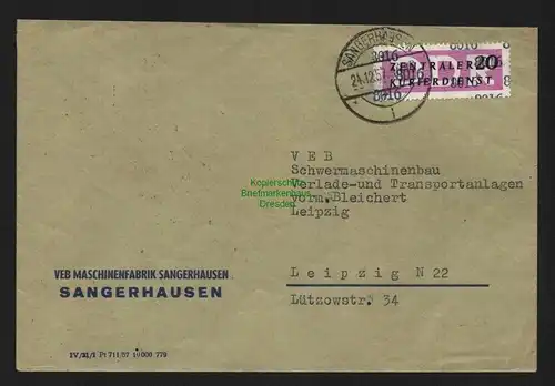 B4736 DDR ZKD B 10 Brief 8016 Sangerhausen 24.12.57 Weihnachten Maschinenfabrik