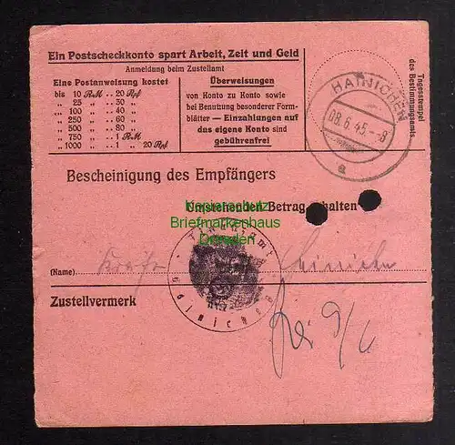 B3034 Sächsische Schwärzung 1945 Postanweisung 41 Frankenberg - Hainichen Finanz