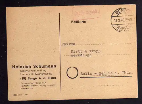 B096 Berga a. d. Elster 13.9.45 Gebühr bezahlt Postkarte