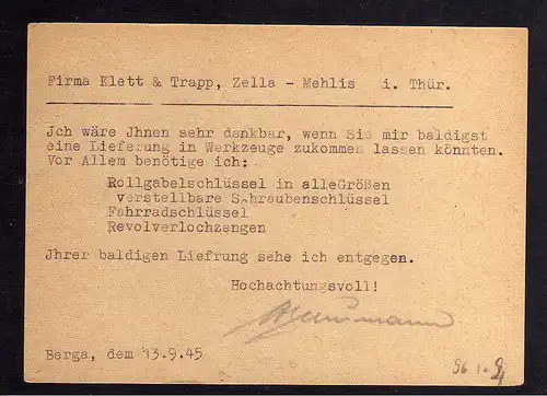 B096 Berga a. d. Elster 13.9.45 Gebühr bezahlt Postkarte