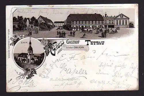97846 AK Tettau bei Schönberg Sachsen Meerane Gasthof litho Kirche 1908