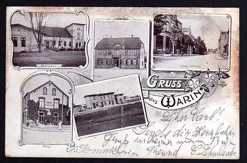 74074 AK Warin i. M. Bahnhof Gasthaus Post Telegraph Rathaus Kr. Sternberg 1900