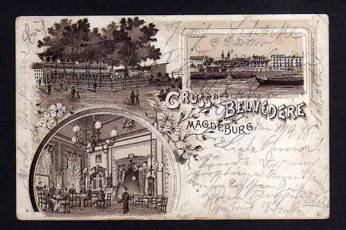 112955 AK Magdeburg 1898 Litho Belverdere Restaurant Gasthaus