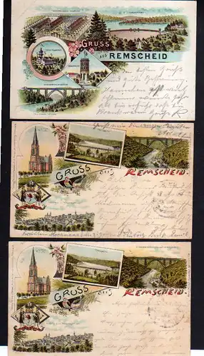 109828 3 AK Remscheid 1896 Litho Talsperre Ausstellungs Gebäude Luther Kirche Wa