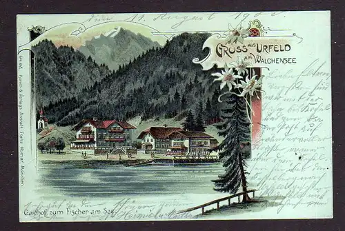 106974 AK  Urfeld am Walchensee Litho 1900 Gasthof zum Fischer am See