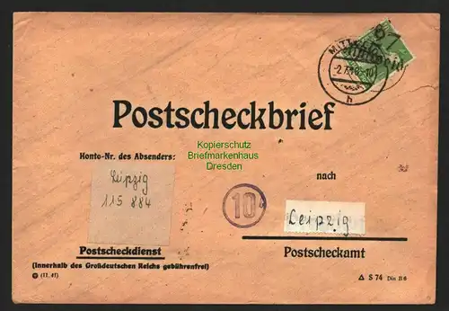 h5952 SBZ Handstempel Bezirk 27 Mittweida Postscheckbrief 2.7.48 an Leipzig