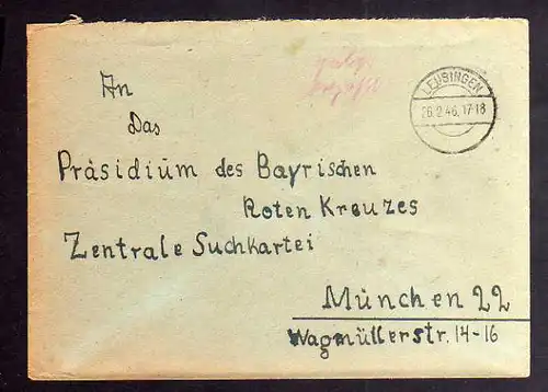 B998 SBZ Brief Gebühr bezahlt 1946 Leubingen an Zentrale Suchkartei München russ