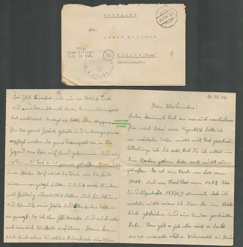 B6019 Brief Deutsches Reich Feldpost Uffz Kühlert FP 04865 1944 nach Eitorf Sieg