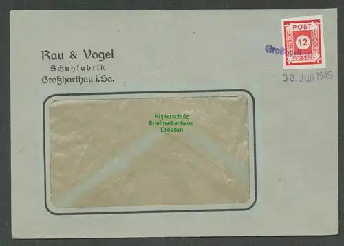 B5888 Brief Ostsachsen 30.7.1945 Notstempel Großharthau Schuhfabrik Rau & Vogel