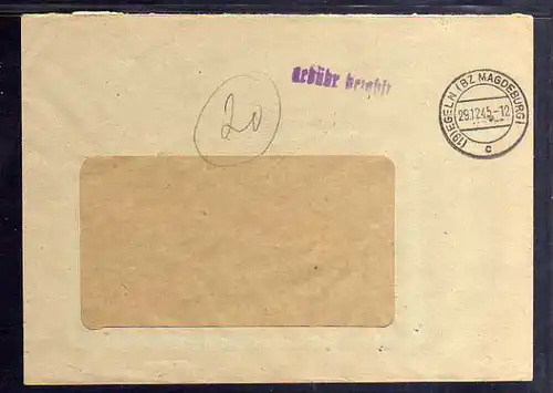 B335 SBZ Brief Gebühr bezahlt 1945 Egeln Bz. Magdeburg Salzdetfurth A.-G. Tarthu