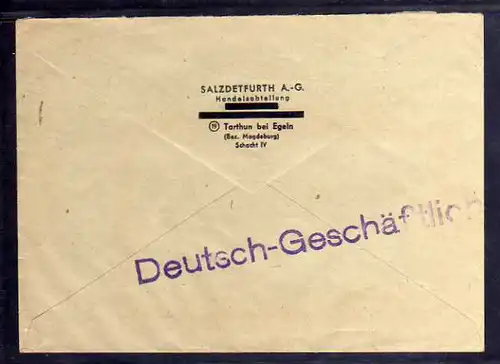 B335 SBZ Brief Gebühr bezahlt 1945 Egeln Bz. Magdeburg Salzdetfurth A.-G. Tarthu