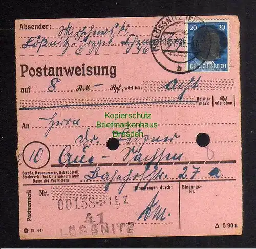 B2846 Sächsische Schwärzung 1945 Postanweisung 41 Lössnitz - Aue 14.7.45