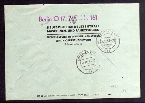 B1638 DDR Aufdruck Kontrollzahlen 1605 Berlin ZKD 2x 14 Brief Deutsche Handelsze