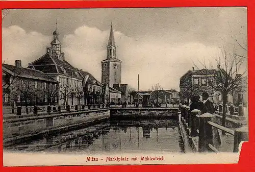 62869 AK Mitau Jelgava Lettland Marktplatz mit Mühlenteich 1915 Feldpost