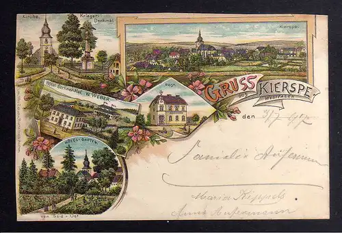 127231 AK Kierspe Westfahlen Litho 1897 Hotel Berliner Hof Post Kirche Krieger