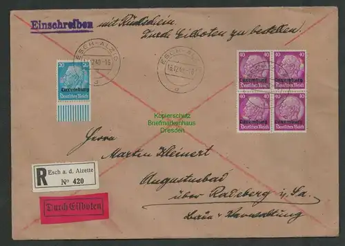 B6928 R-Brief 420 Eilboten Esch-Alzig Alzette 1940 Luxemburg nach Augustusbad