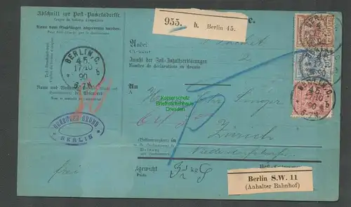 B6021 Paketkarte Berlin S.W. 11 Anhalter Bahnhof 1890 nach Zürich