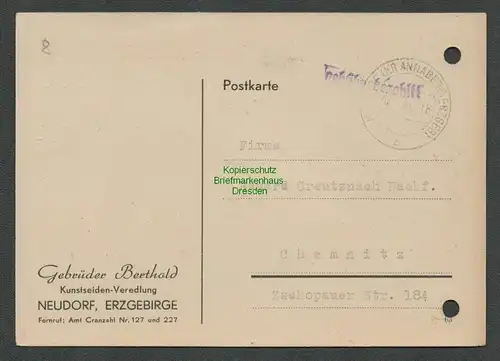 B6088 Postkarte SBZ Gebühr bezahlt 1946 Neudorf Kr. Annaberg Erzgeb. Kunstseiden