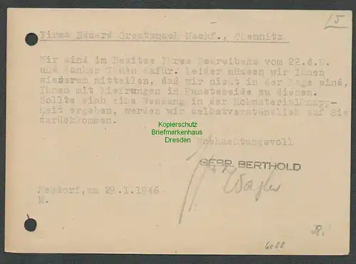 B6088 Postkarte SBZ Gebühr bezahlt 1946 Neudorf Kr. Annaberg Erzgeb. Kunstseiden