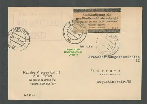 B5158 DDR ZKD Brief Erfurt Aushändigung als gewöhnliche Postsendung Klebezettel