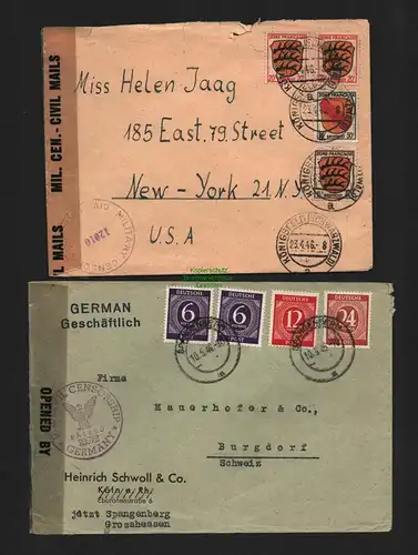 B4665 Franz. Zone 1947 allgem. Ausgabe 2 Zensur Briefe nach USA Schweiz 1946