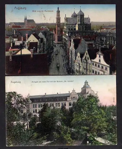 94364 2 AK Augsburg 1907 Schule St. Ulrich Straßenzug vom St. Moritzturm 1916