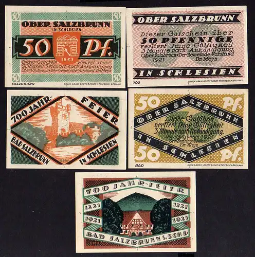 85548 Notgeld Ober Salzbrunn Oberschlesien 5 Scheine 700 Jahr Feier 1921