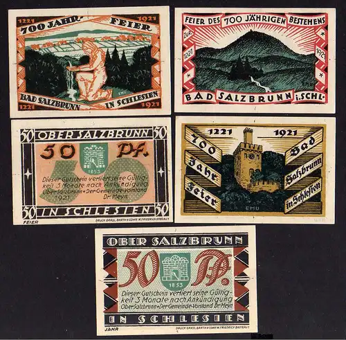 85548 Notgeld Ober Salzbrunn Oberschlesien 5 Scheine 700 Jahr Feier 1921