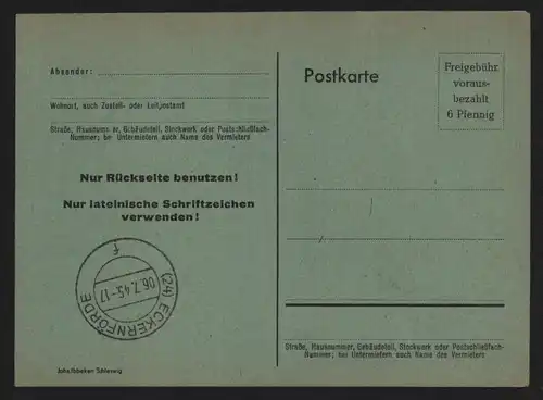 B12403 Ganzsache 1945 Britische Zone Aufbrauchsausgaben Eckernförde Freigebühr