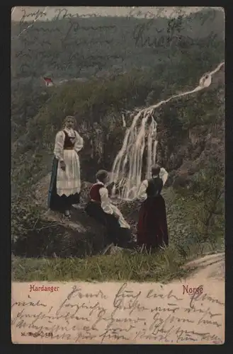 B12438 AK Hardanger Norge Norwegen Wasserfall Frauen Tracht 1904