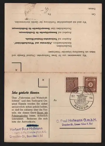 B12399 Werbekarte Original Kienzle tachograf Villingen Schwarzwald 1946 Pillnitz