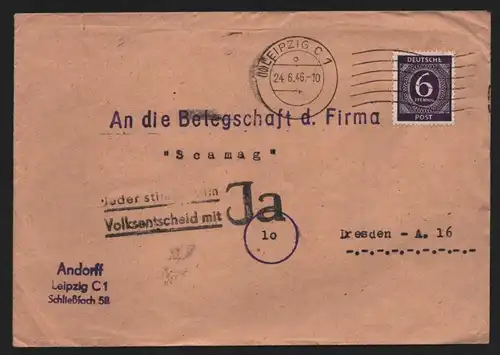B12482 SBZ Brief 1946 Leipzig Propaganda Volksentscheid "Ja" nach Dresden