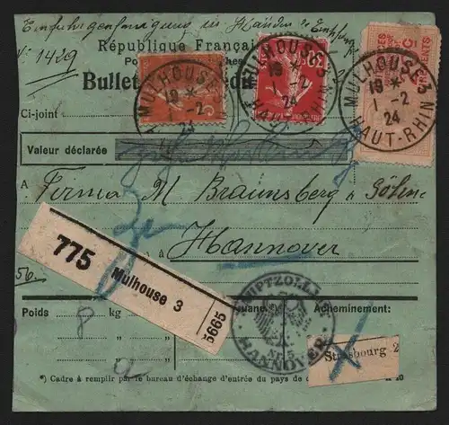 B12095 Paketkarte Frankreich Moulhouse 1924 nach Hannover Hauptzollamt