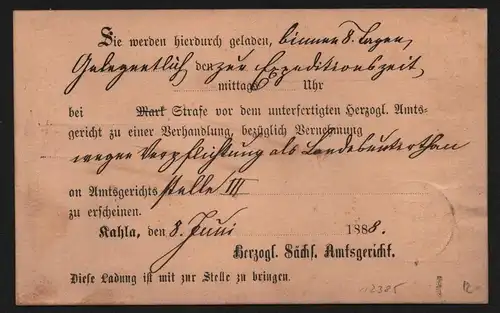 B12385 Deutsches Reich 40 EF Kahla Vordruck Herzogl. Sächs. Amtsgericht