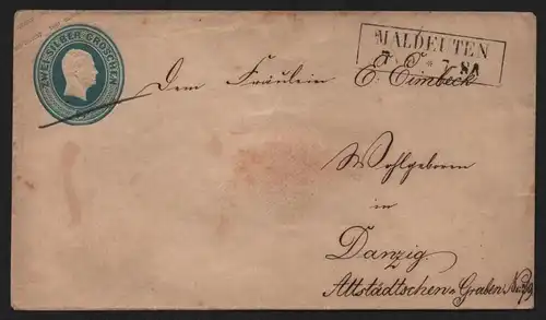 B12443 Ganzsache 2 Sgr. Preussen Maldeuten nach Danzig um 1860