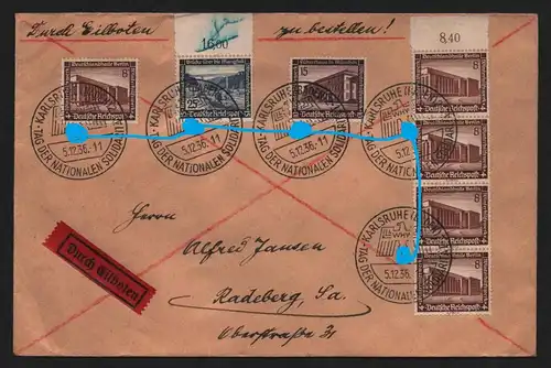 B12327 Brief DR 5x 638, 640, 641 Eilbrief Karlsruhe Nationale Solidarität 1936