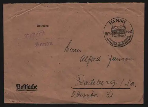 B12135 Brief DR Postsache Hanau 1943 an Jansen Alfred Radeberg
