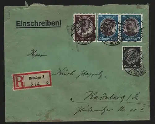 B12341 Brief DR je 2x 540 543 Kolonialforscher Einschreiben Dresden 1934 Radeber