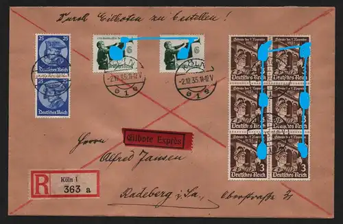 B12298 Brief DR 2x 481 + weitere Einschreiben Eilboten Köln 1935 nach Radeberg