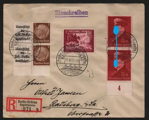 B12227 Brief DR 2x 772 Einschreiben Berlin Grünau Regattabahn 1941 nach Radeberg