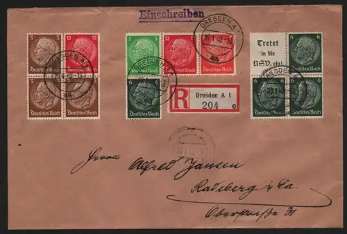 B12322 Brief DR Zusammendrucke Hindenburg ZD Dresden 1940 Einschreiben