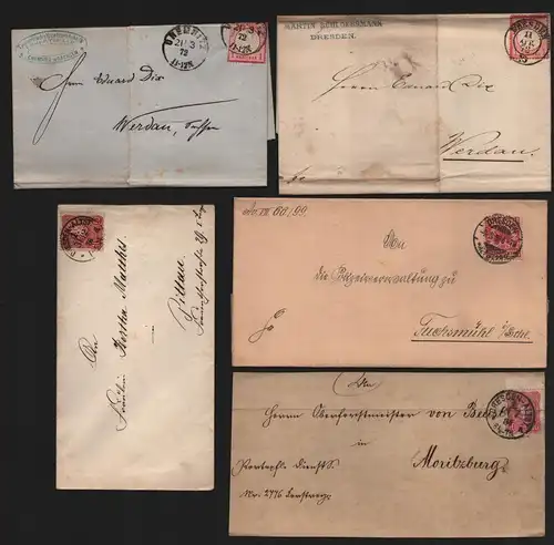 B12393 Deutsches Reich DR 4x Brief Dresden 1872 Brustschild Werdau Fuchsmühl