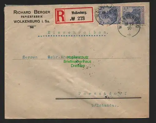 B7299 Brief Postauftrag DR 1910 Papierfabrik Berger Wolkenburg Einschreiben